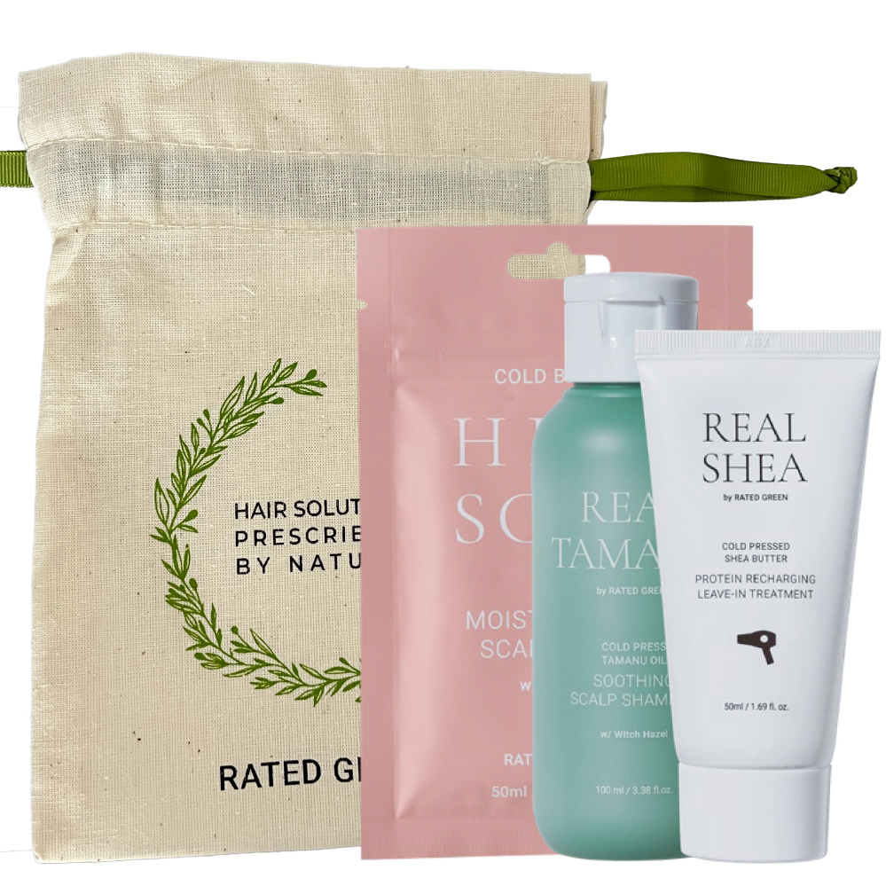 Набір мініатюр з шампунем Rated Green Real Tamanu (шампунь Real Tamanu, маска саше Hibiskus, міні термокрем Real Shea)