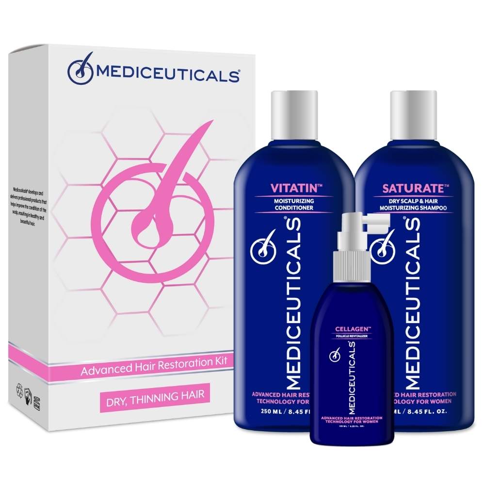 Набір для стимулювання росту волосся для жінок, сухе волосся Mediceuticals (Шампунь Saturate 250ml, Кондиціонер Vitatin 250ml, Сироватка Cellagen 125ml)